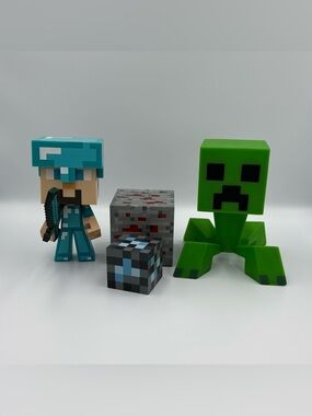 Minecraft Toy Lot- Jinx Diamond Armor Steve + Creeper & Redstone Ore Lamp Light